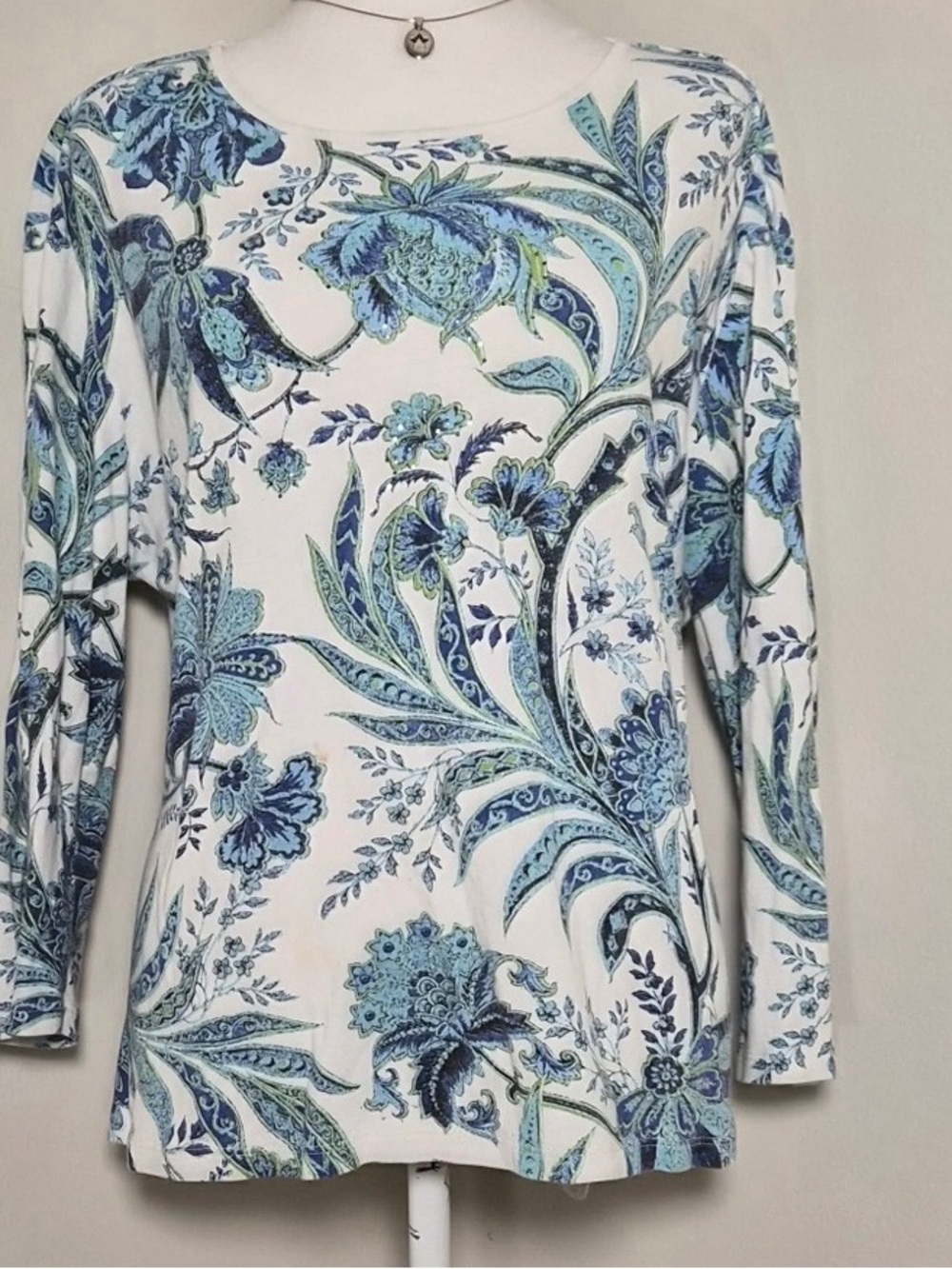 Women's White Floral Long-Sleeve Top in Blue Print